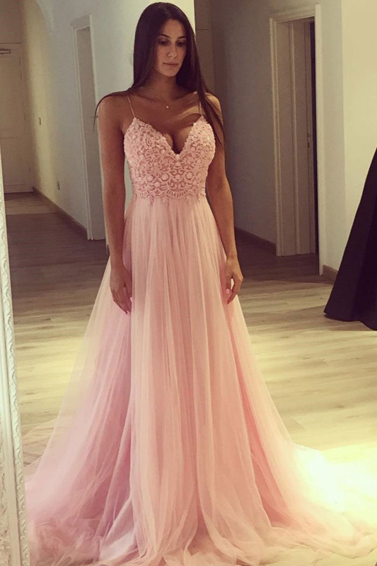 Stunning Pink Spaghetti-Straps Long Prom Dress Lace Tulle Party Gowns - lulusllly