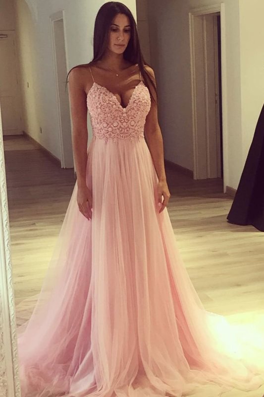 Bellasprom Pink Long Evening Dress Lace Tulle Party Gowns Spaghetti-Straps