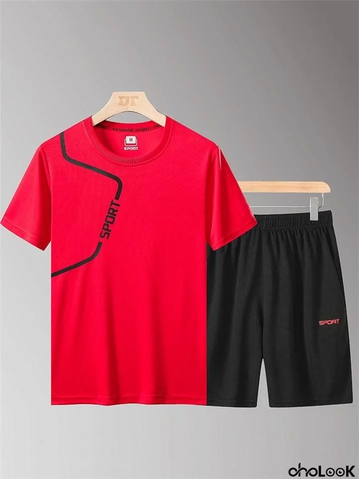 Mens Moisture Wicking Sports Short Sleeve T-Shirts+Shorts
