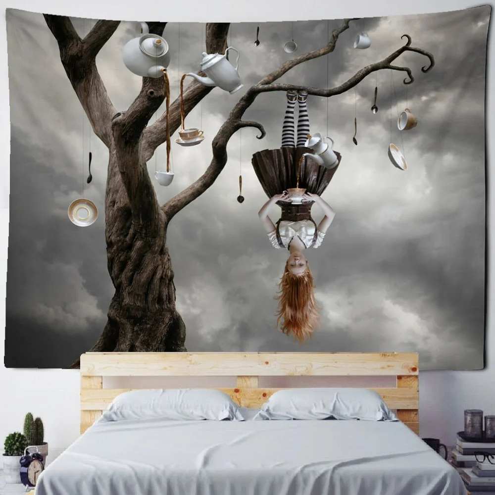 Landscape Woman Tapestry Wall Hanging Psychedelic Witchcraft Natural Mountains And Rivers Ink Painting Home Decor