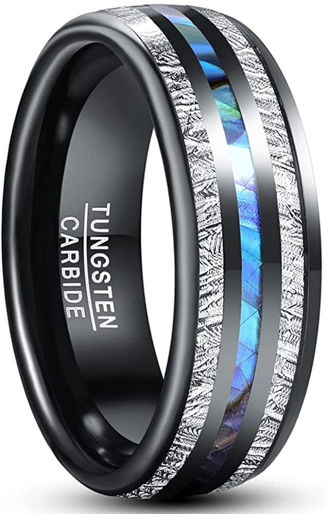 8mm Black Tungsten Dome Rings with Abalone Shell Imitated Meteorite Inlay Wedding Bands For Men Women