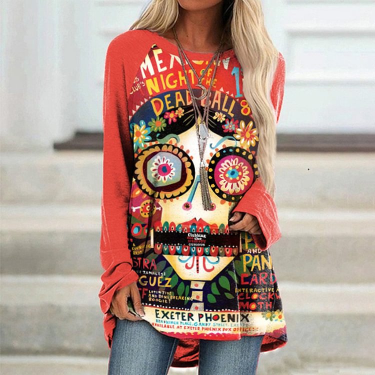 Day Of The Dead Print Long Sleeve Casual Tunic