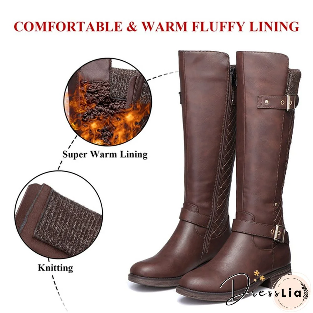 Nis Women Autumn Winter Shoes Flat Heel Solid Color Long Boots Knee High Ladies Boots Leather Casual Flats Boot Shoes Outdoor Non-Slip Booties