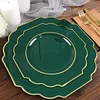 10 Pack | 11" Hunter Emerald Green Hard Plastic Dinner Plates, Disposable Tableware, Baroque Heavy Duty Plates with Gold Rim