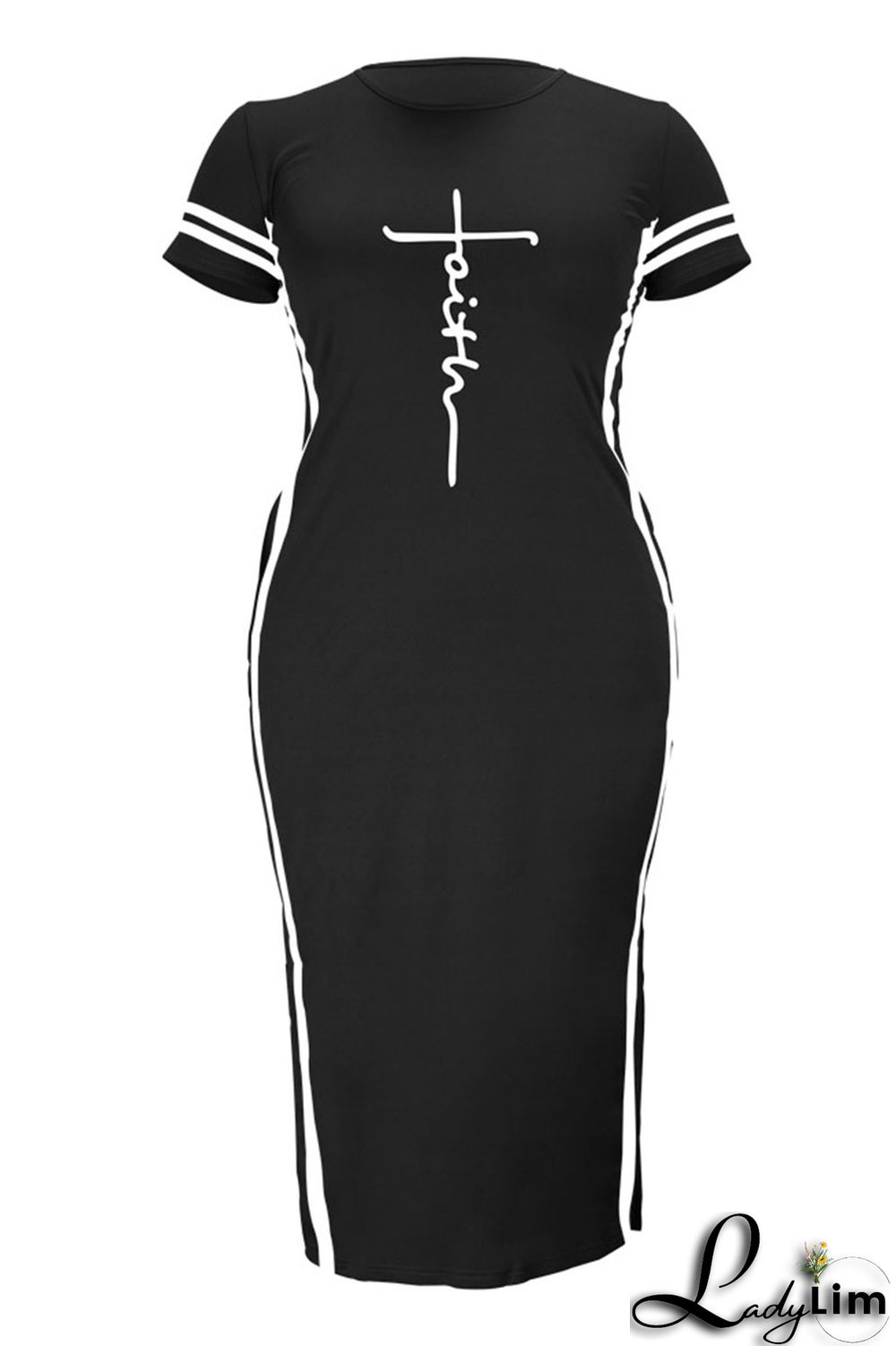 Tibetan Blue Fashion Casual Plus Size Print Slit O Neck Short Sleeve Dress