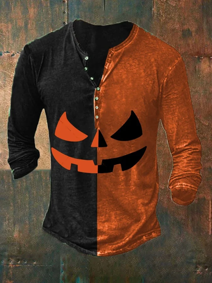 Men's Halloween Print Button Casual T-Shirt