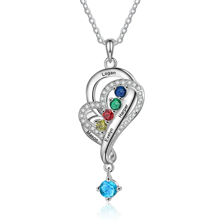 Double Heart Necklace Custom 5 Birthstones Birthday Gift for Mother Wife