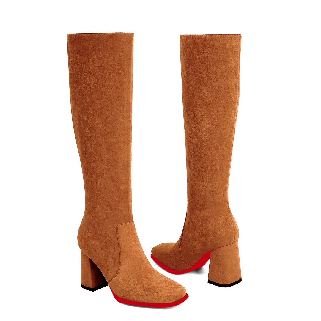 95mm Women's Knee Boots Red Bottom Block Chunky Heels Zipper Fashion Sexy Daily Matte Boot-MERUMOTE