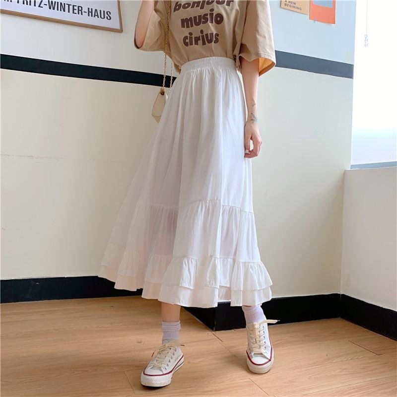 SOLID COLOR RUFFLE MID-LENGTH SKIRT