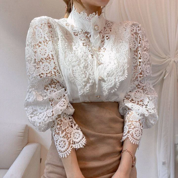 Women's Lace Floral Blouse Hollow Out Shirt Long Puff Sleeve Loose Button Stand Collar Tops