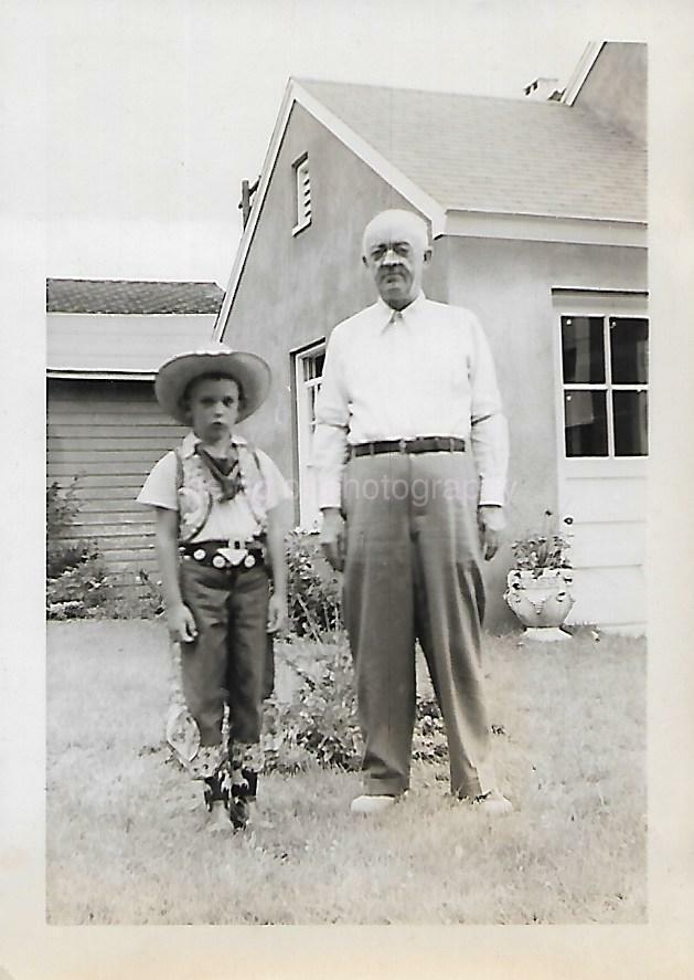 1940's BOY Found Photo Poster painting bw GRANDPA AND COWBOY Original Portrait VINTAGE 19 8 B