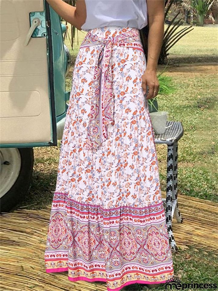 Bohemian Vintage Floral Pleated Long Skirt for Women