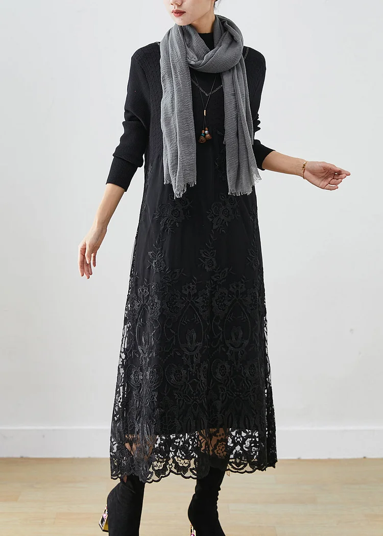 Handmade Black Embroideried Patchwork Knit Dress Fall