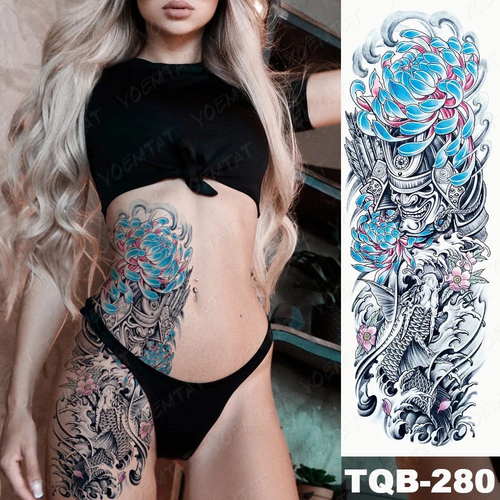 Large Full Arm Sleeve Tattoo Japanese Traditional Waterproof Temporary Tatoo Sticker Carp Samurai Peony Men Women Body Art Tatto