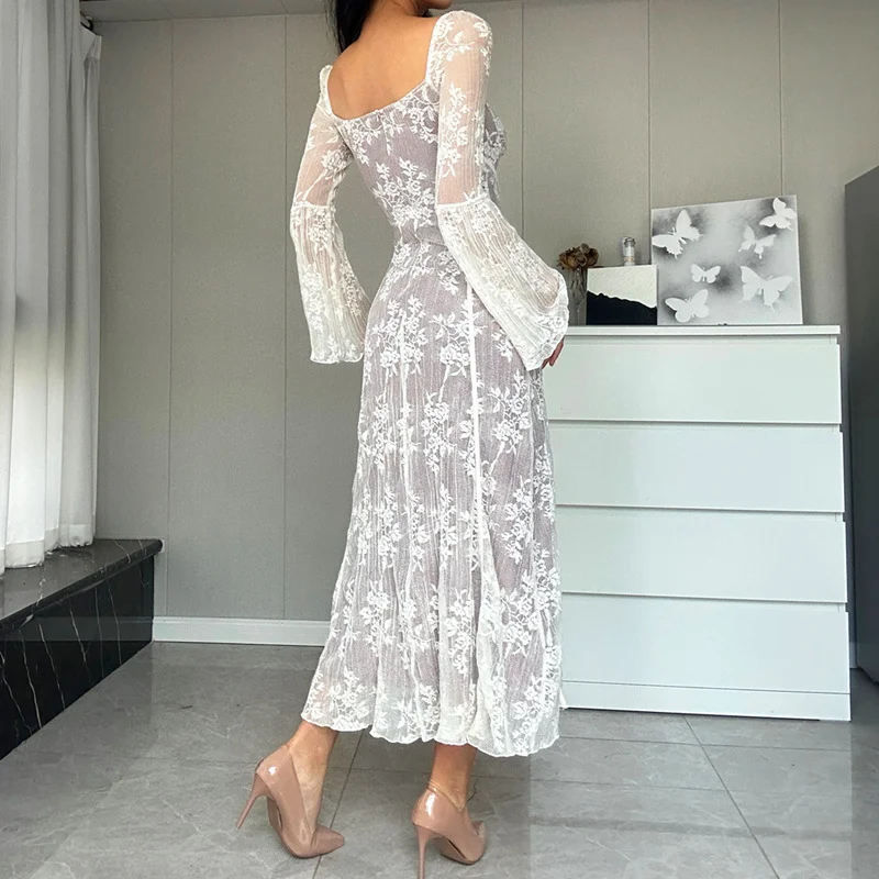 Uveng Uveng Women's Fall 2023 New Sexy Temperament Fish Tail Court Tie Square Collar Lace Lace Dress