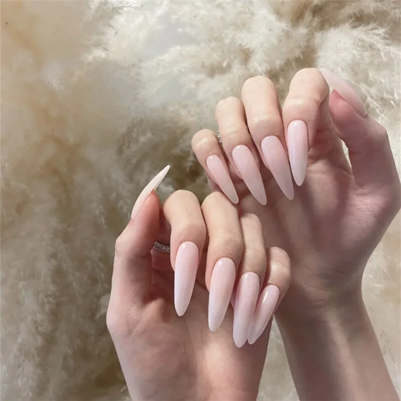 Sweet Summer Women Fake Nails Stickers Long Rose Pink Candy Color Wearable Nail Stickers Full Finished Nails With Glue 24pcs-Nail Inspo