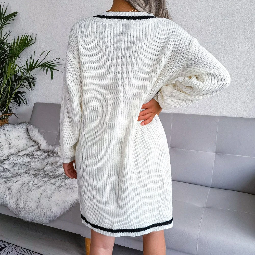 Women's V-neck Solid Color Sweater Dress
