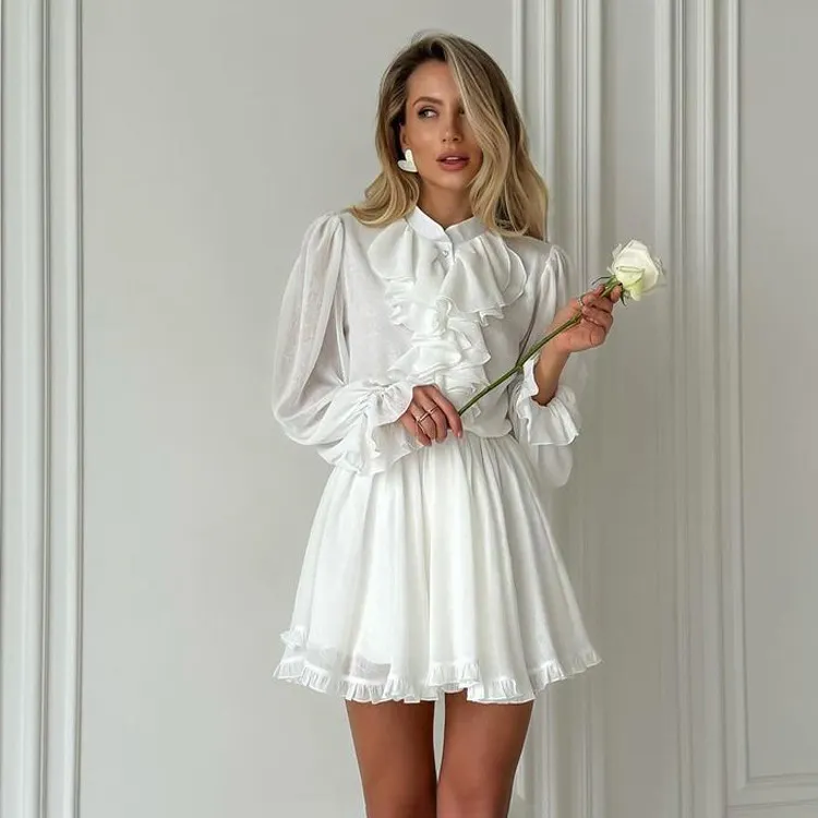 Women Ruffled Long Sleeve Mini Dress