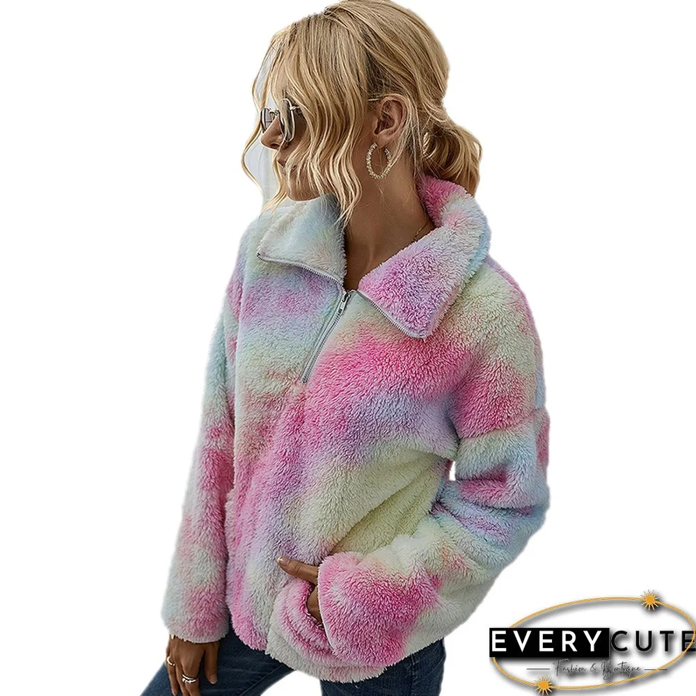 Multicolor Tie Dye Print Zip Neck Plush Sweatshirt