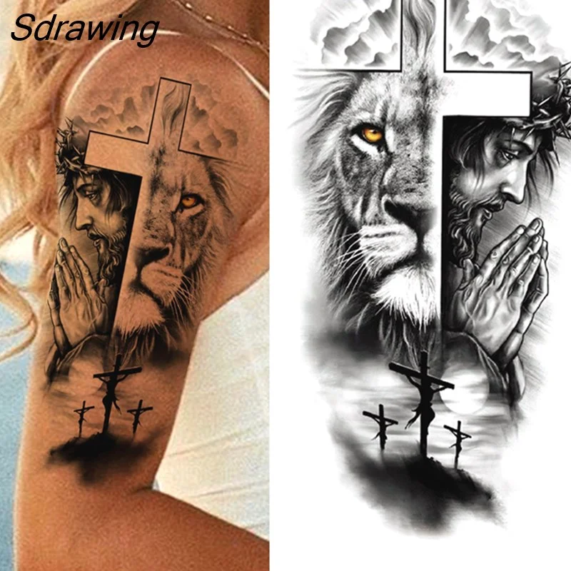Sdrawing Tiger Temporary Tattoos For Men Women Kids Lion Skull Cross Tattoo Sticker Black Compass Skeleton Tatoos Leg Thigh 328-1