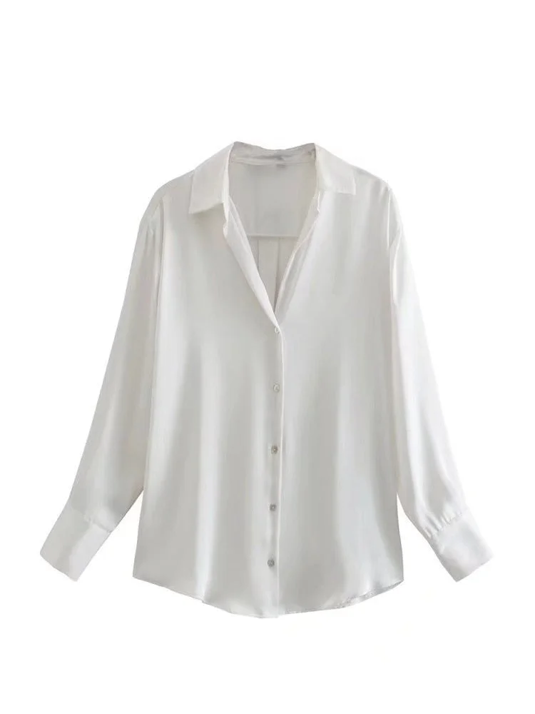 Woman Vintage Solid Satin Blouse Shirts Female Fashion Casual Long Sleeve Button Up Shirt 2022 Ladies Chic Pink Overshirt Top