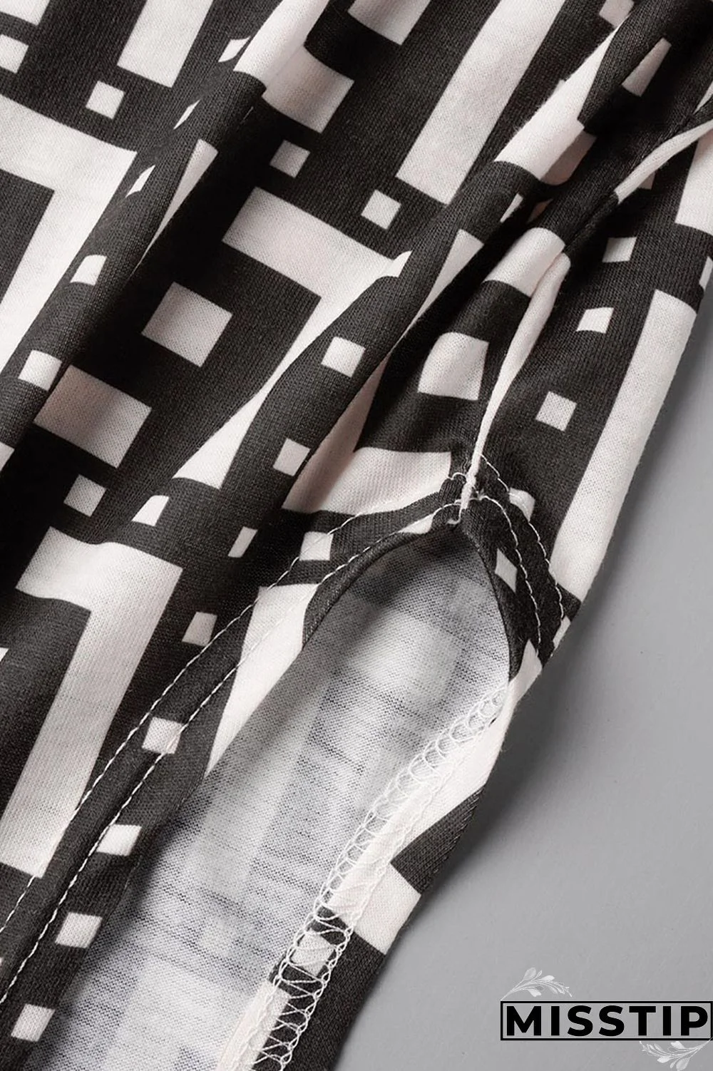 Black And White Casual Print Patchwork Slit Oblique Collar Short Sleeve Two Pieces