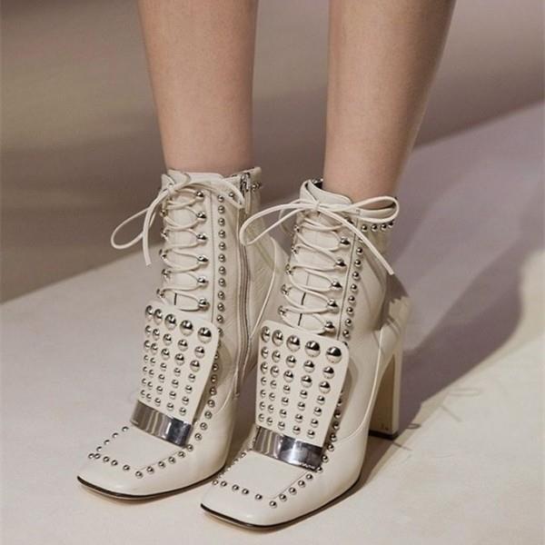  Ivory Studs Lace up Boots Square Toe Chunky Heel Ankle Booties