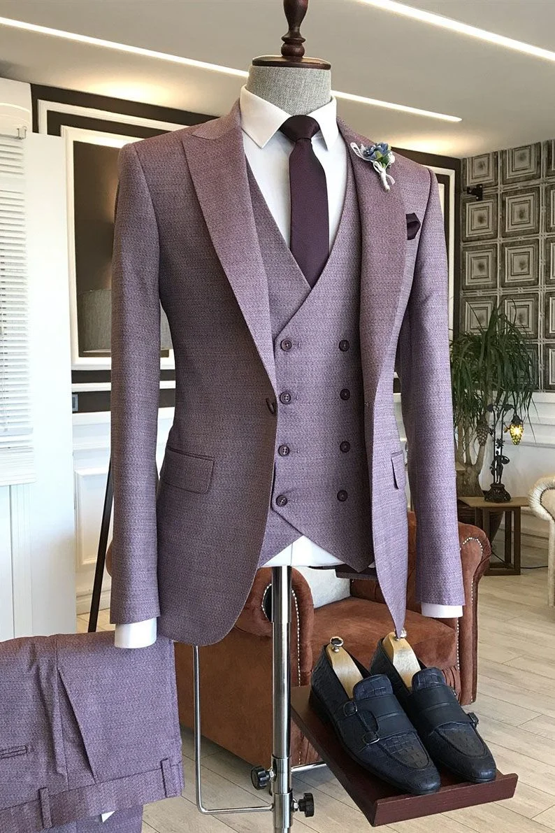 Purple One Button New  Groomsmen Outfits With Small Plaid Peaked Lapel