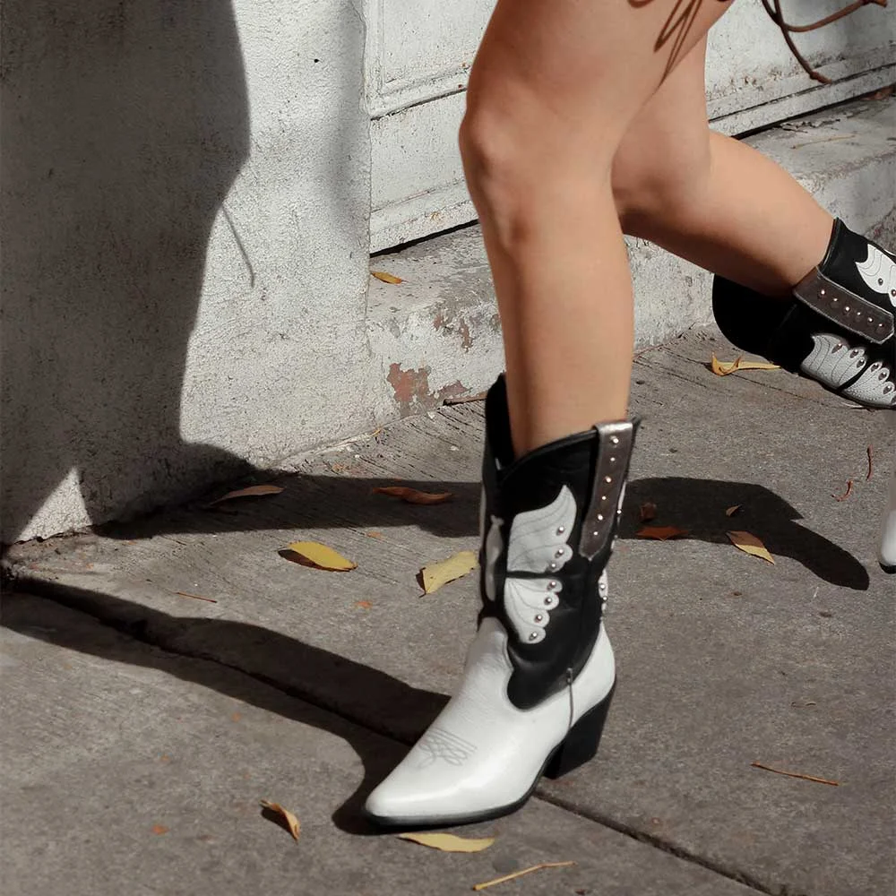 Black & White Pointed Toe Chunky Heel Studded Western Boots for Women