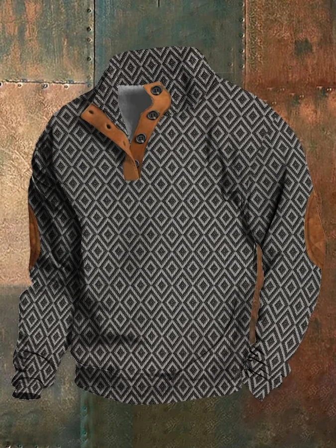 Men's Retro Textured Print Stand Collar Button Up Men's Sweatshirt