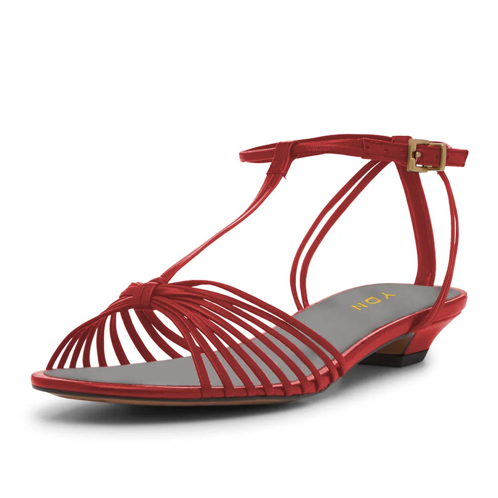 YDN Red Vegan Leather Open Round Toe Simple Low Heel Sandals