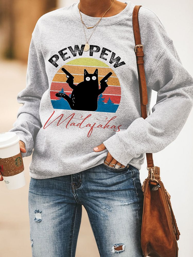 Women's Halloween Black Cat Print Casual Grey Sweatshirt socialshop