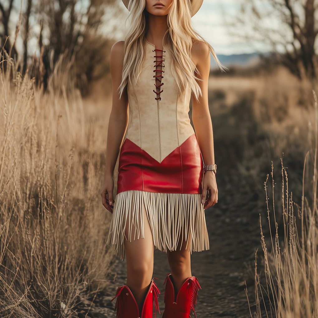 Elegant Retro Western Contrast Fringe Sleeveless Mini Dress