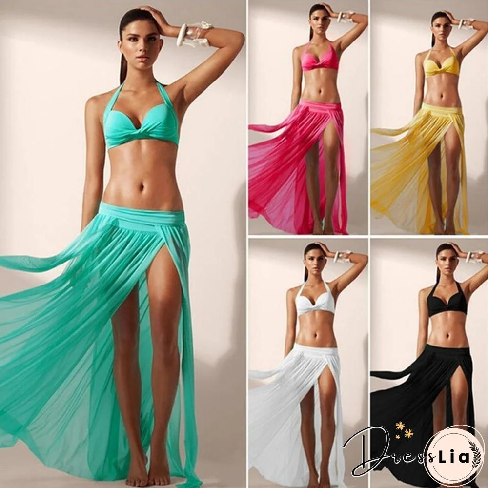 Women Fashion Side Slit Bikini Overall Summer Beach Skirt Dress Maxi Swimsuit Cover Ups Smock Swimwear(No )