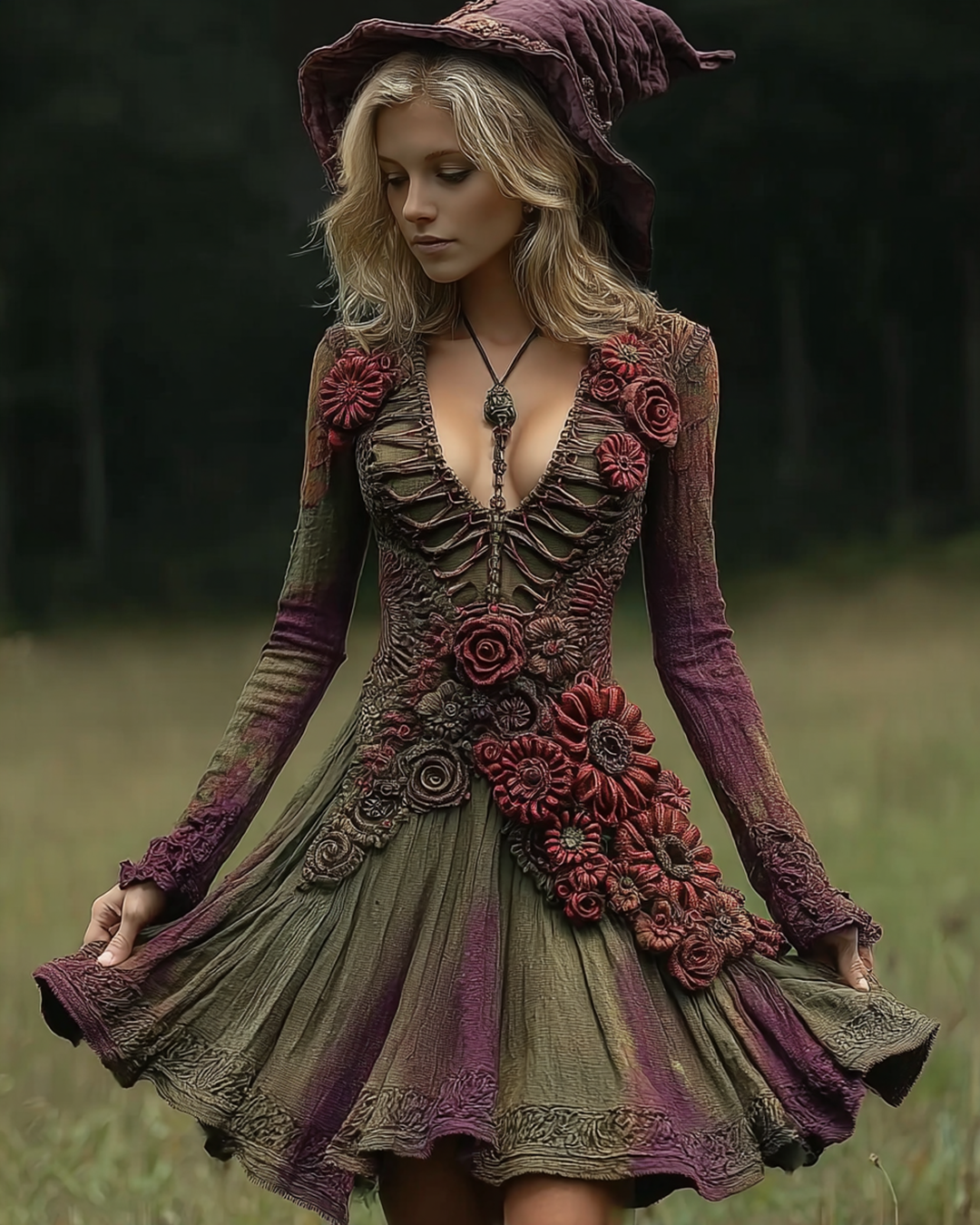 368652 Halloween-Themed Skeleton Floral Embroidered Witch Dress 825a