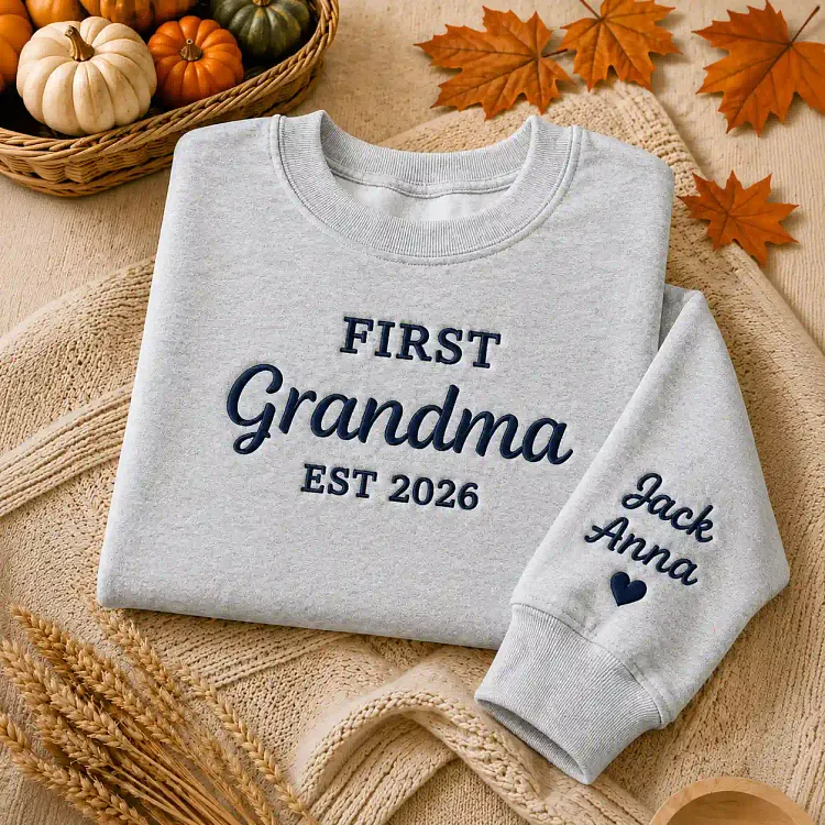 Personalized First Christmas Grandma Sweatshirt, New Grandma Est 2026 Embroidered Pullover, Custom Grandkids Names Sleeve, Christmas Grandma Gift