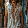 Retro Men's Ethnic V-Neck Sleeveless Linen Hoodie Casual Retro Tribal Top Bohemian Style Sleeveless Tank Top by Inlyline