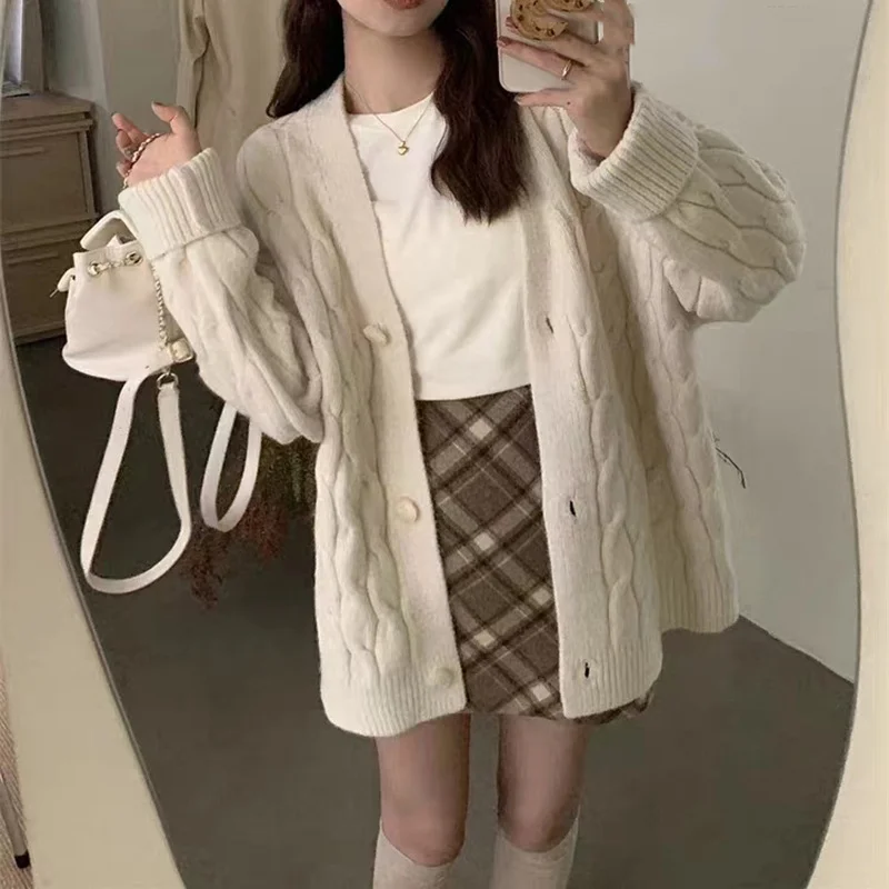 Churchf Churchf Twist Sweater Coat Female Loose Lazy Wind V-Neck Long Sleeve Autumn Winter Korean Version Knit Cardigan Female Thick Money