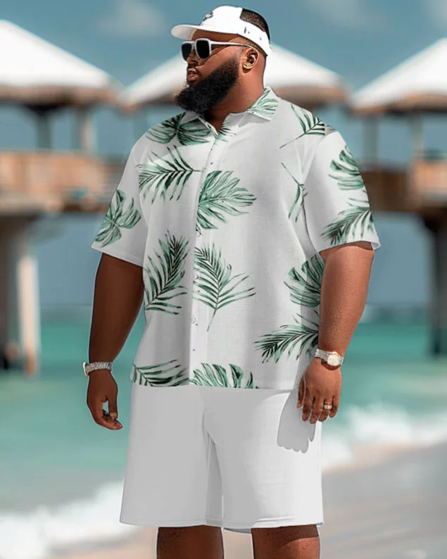 Men's Plus Size Hawaiian Tropical Leaf Print Short Sleeve Shirt Shorts Suit