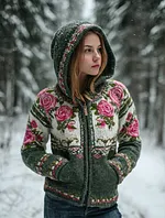 Women's Boho Floral Art Pattern Knit Zip-up Sweater