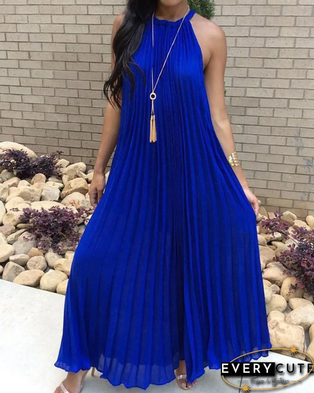 Hot Summer Halter Pleated Casual Maxi Dress P12371