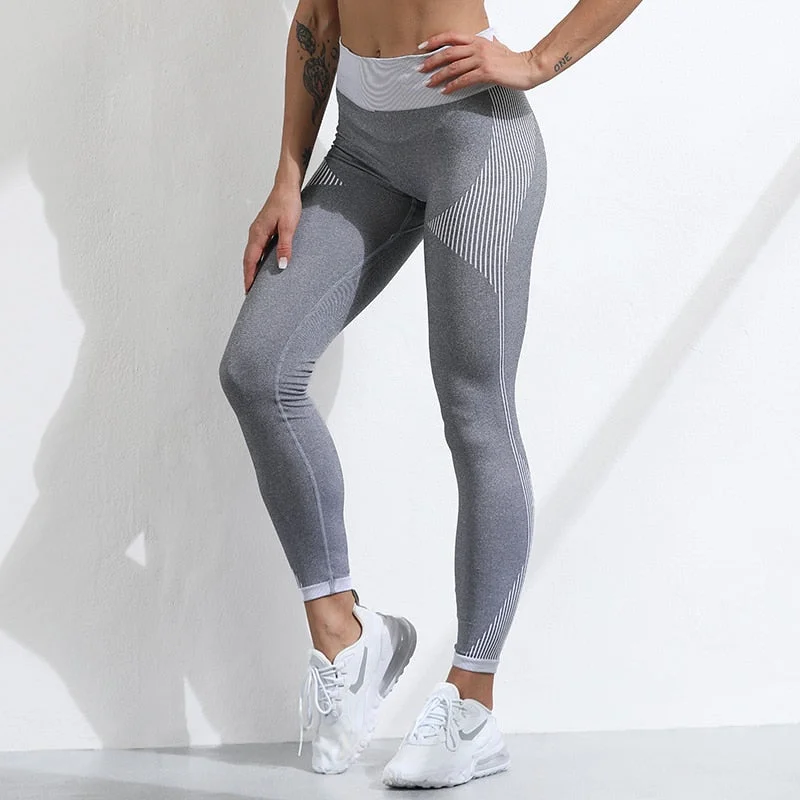 Sexy Seamless Finess Bubble Butt Leggings Women High Waist Sports Leggings Push Up Sportswear Stripes Legging
