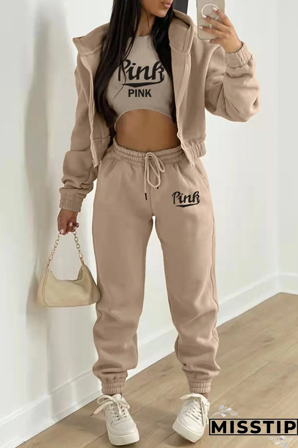 Burgundy Fashion Casual Letter Print Cardigan Vests Pants Hooded Collar Long Sleeve Three-piece Set