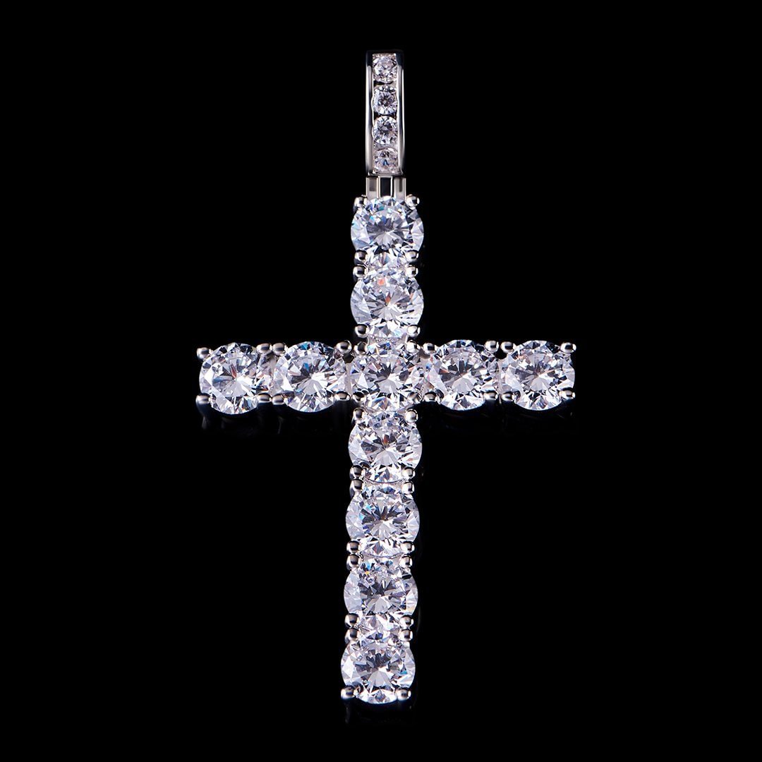 Iced Out White Gold Iced Medium Tennis Cross Pendant Necklace-VESSFUL