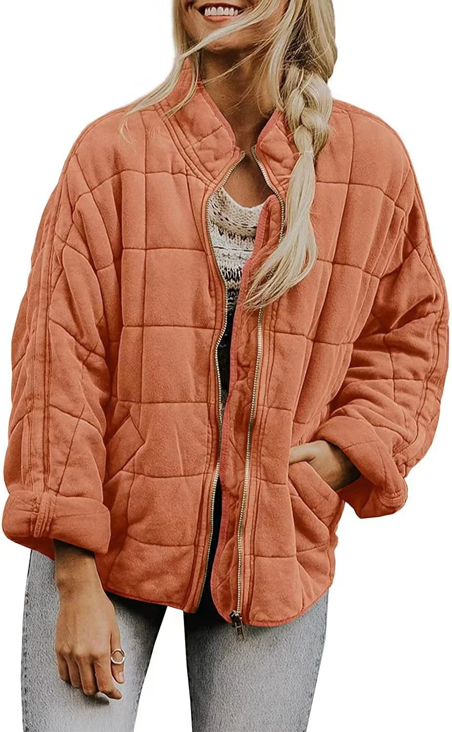 Brownm Solid Color Stand-up Collar Loose Pockets Jackets