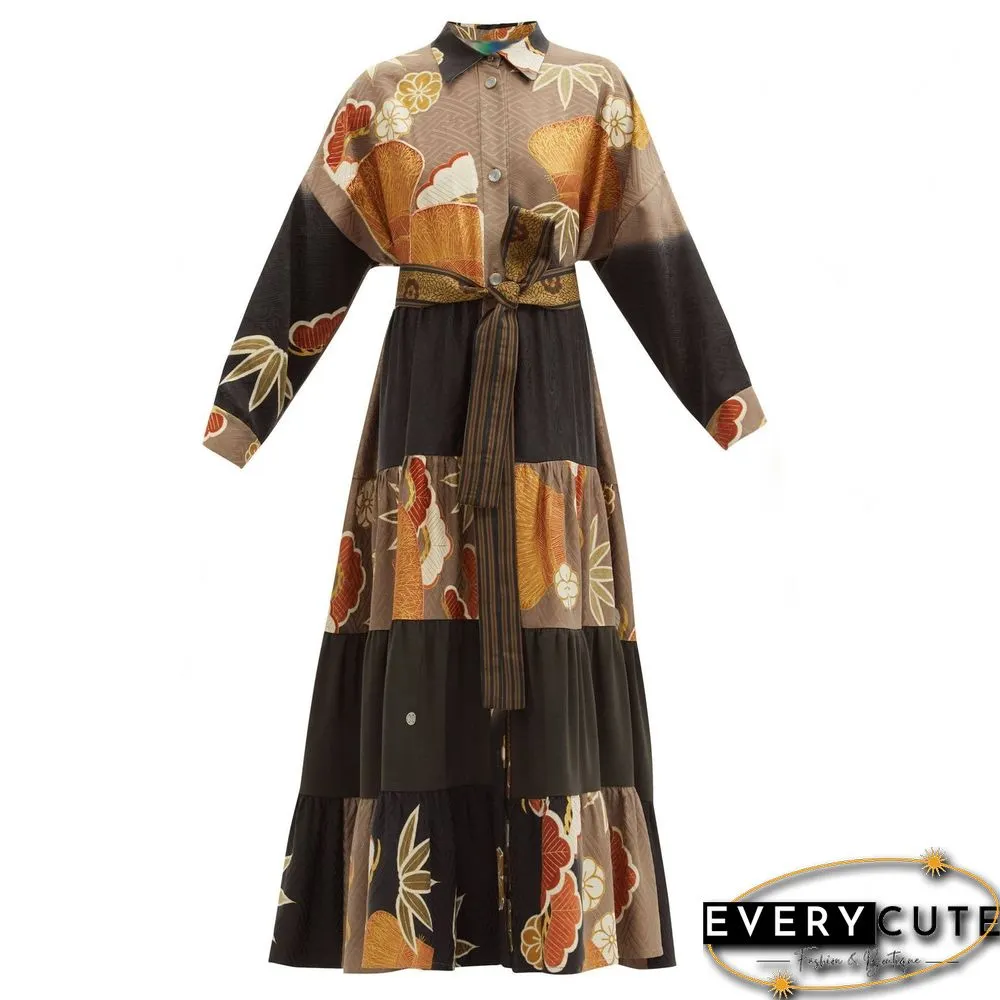 Lapel Pattern Joint Women Casual Long Dress