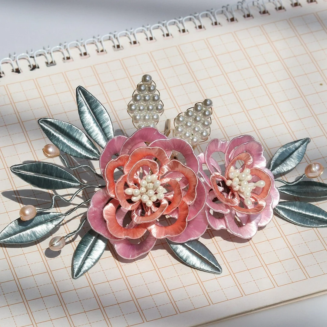 Silk Wrapped Flowers Pearl Hairpin Hanfu Headdress