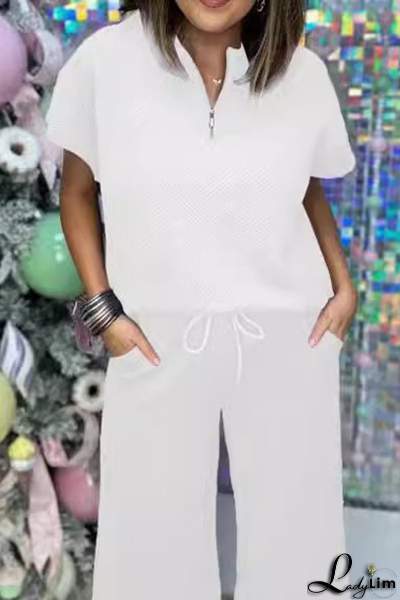 Casual Simplicity Solid Pocket Zipper Texture Turndown Collar Short Sleeve Two Pieces