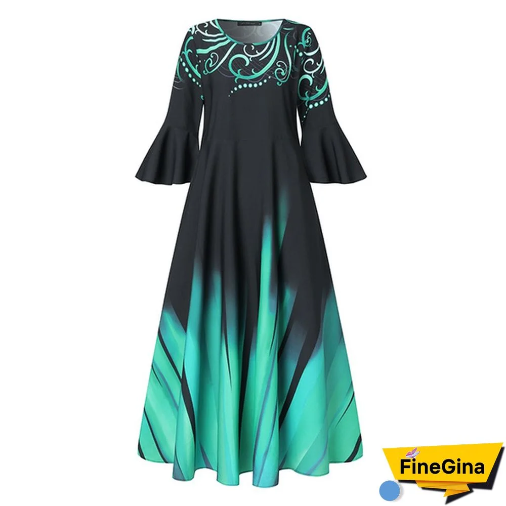Women Kaftan Party Color Printed Long Shirt Dress Casual Flare Sleeve O Neck Slim Maxi Sundress
