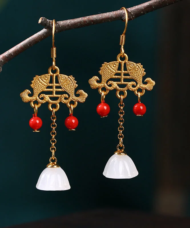 Regular Ancient Gold Inlaid Jade Gem Stone Lotus Flower Tassel Drop Earrings
